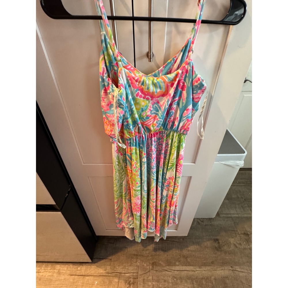 Lilly Pulitzer XS Midi Dress Pink Blue Floral High‎ Low Handkerchief Hem Beach
